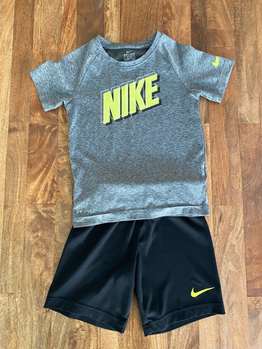 Nike Gray Tee & Black Shorts with Neon Yellow Logo